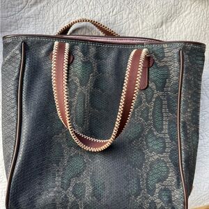 Consuela Green and Brown Snakeskin-Pattern Tote